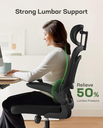 Marsail Ergonomic Office Chair with Lumbar Support, High Back Desk Chair, 2D Headrest, Flip-Up Armrests, Tilt Function - Black