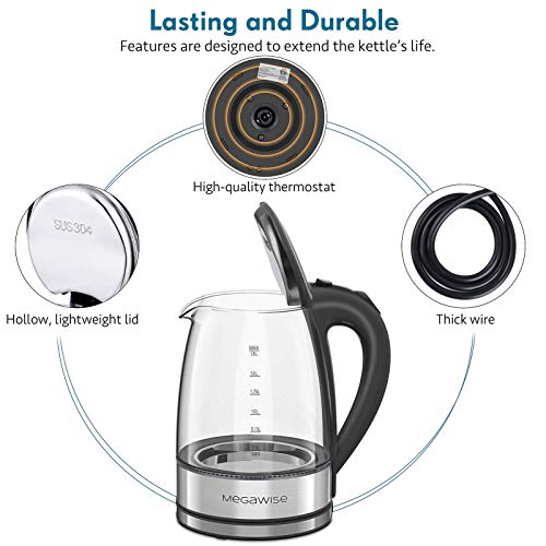 MegaWise Glass Tea Kettle, 1.8L with LED Light, Fast Boiling