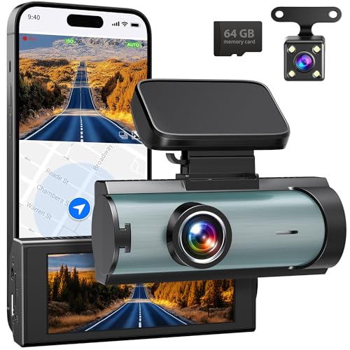 Brand Dual Dash Cam: UHD & 1080P Car Camera, Night Vision, Wi-Fi, G-Sensor, Loop Recording, 3" Display - 64GB SD Card - Black