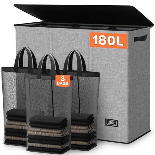 SOLEDI 180L Laundry Basket 3 Section, Extra Large Hamper with Lid & Sturdy Handle - Laundry Room Organizer for Dirty Clothes & Bedroom