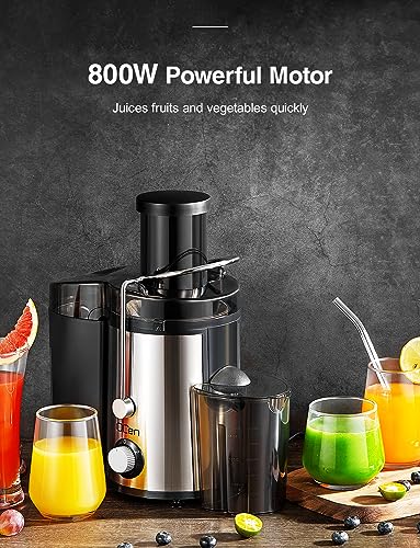 Qcen 800W Centrifugal Juicer Extractor, Wide 3" Feed Chute, Stainless Steel - Easy to Clean, BPA-free - Fruit Vegetable Juicer