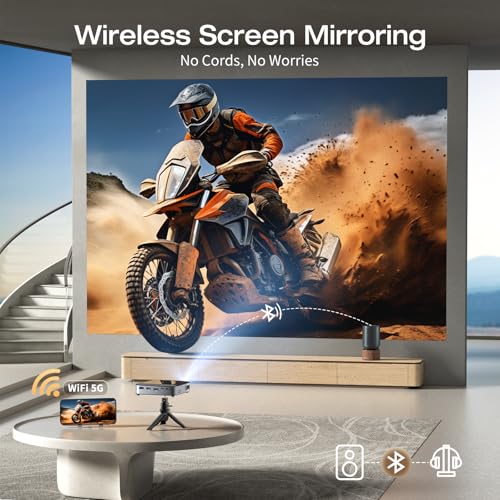 WiFi Mini Portable Projector + Bluetooth | 500 ANSI DLP, 1080P Pocket Pico Movie | Tripod, Rechargeable Battery | iPhone/Android Compatible