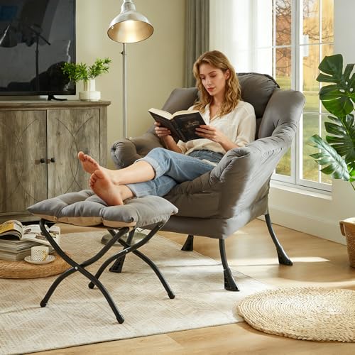 HollyHOME Lazy Chair with Ottoman, Comfy Armchair & Footrest Stool - Reading Chair for Living Room, Bedroom, Dorm - Dark Grey