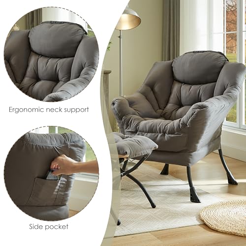 HollyHOME Lazy Chair with Ottoman, Comfy Armchair & Footrest Stool - Reading Chair for Living Room, Bedroom, Dorm - Dark Grey