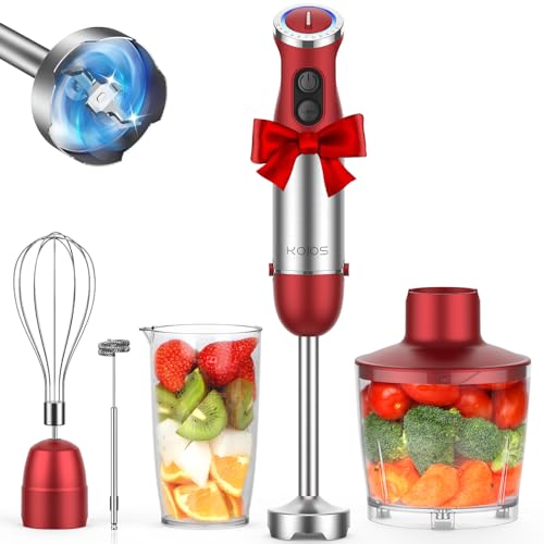KOIOS 5-in-1 Hand Blender: 1000W, 12 Speeds, Stainless Steel Blade, Mixing Beaker, Food Processor, Whisk, Milk Frother - Red