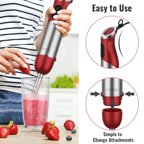 KOIOS 5-in-1 Hand Blender: 1000W, 12 Speeds, Stainless Steel Blade, Mixing Beaker, Food Processor, Whisk, Milk Frother - Red