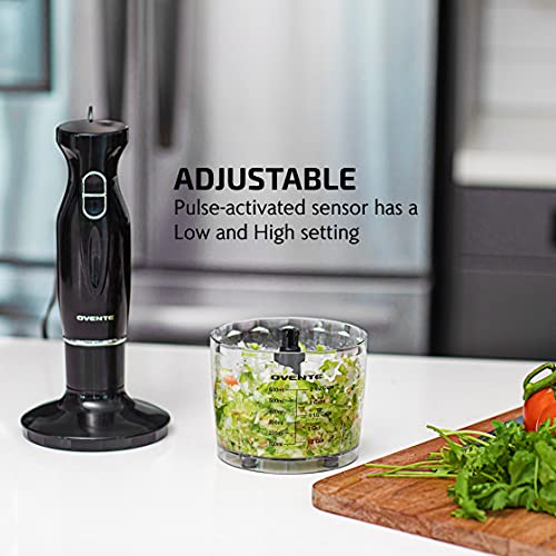 OVENTE Hand Blender: Portable Stick Mixer Set, 300W, 2 Speeds, Stainless Steel Blades, Egg Whisk, Beaker, Food Chopper - Black
