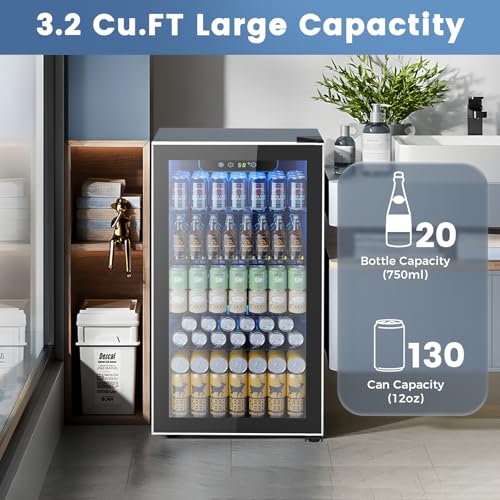 Mini Fridge Beverage Cooler, 3.2 Cu.Ft for Soda Wine Beer, Adjustable Temp Control, Home Office, Black