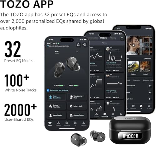 TOZO NC9 Wireless Earbuds: Active Noise Cancelling, Clear Call, IPX8 Waterproof, Bluetooth 5.3, 59H Playtime