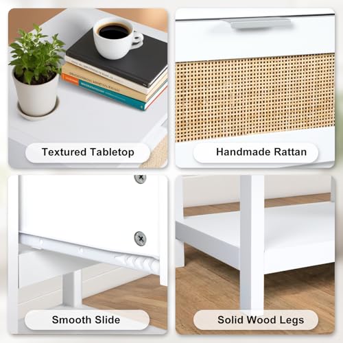 Modern Rattan Bedside Table: White Nightstand with Drawers, Metal Handle | Bedroom & Living Room Furniture, 19.7x15.7x23.6 inch