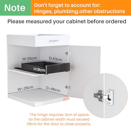 SAYZH Pull Out Cabinet Organizer: Heavy Duty Slide Drawer for Kitchen Cupboard, Extendable Sliding Storage (43x25x9cm), No Drill Needed