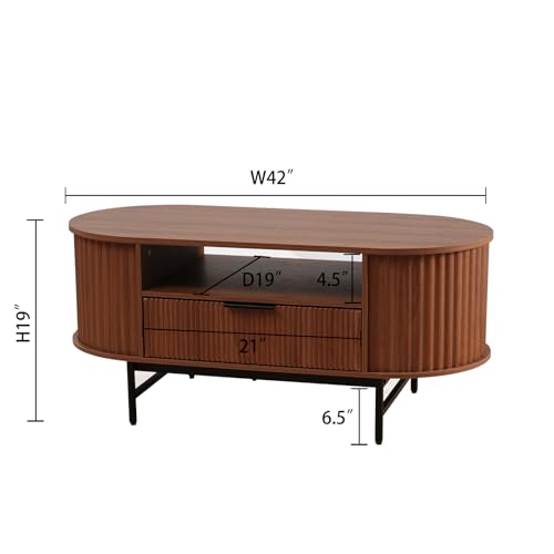 Walnut Oval Coffee Table with Drawer and Black Metal Legs