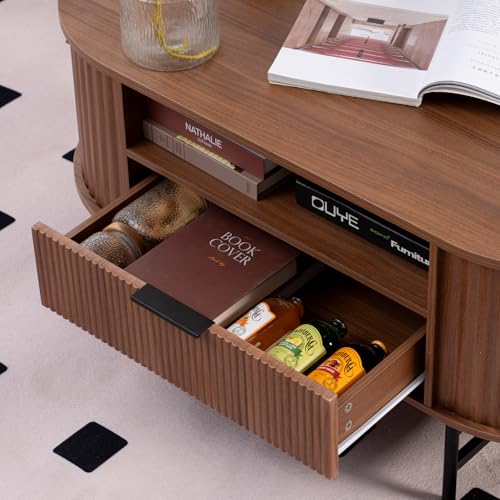 Walnut Oval Coffee Table with Drawer and Black Metal Legs