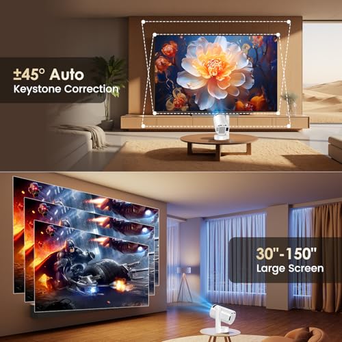 Mini Projector with WiFi & Bluetooth, 4K Support, Portable 1080P Short Focus, 15W Sound, Auto Keystone, Rotatable - HDMI/TV Stick/Laptop