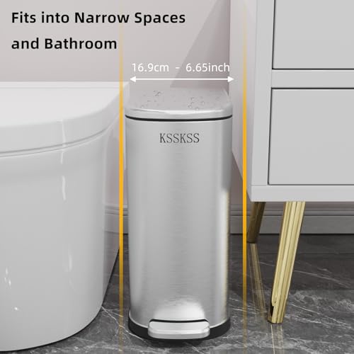 Slim 10L Stainless Steel Trash Can with Soft Close Lid for Narrow Spaces - Bathroom, Bedroom