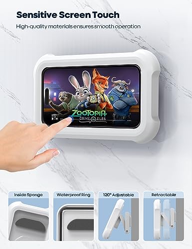 Lamicall Waterproof Shower Phone Holder - 480ยฐ Rotation Wall Mount, Anti-Fog, HD Touchscreen - Bathroom Bathtub Kitchen - Fits 4-7 inch Phone
