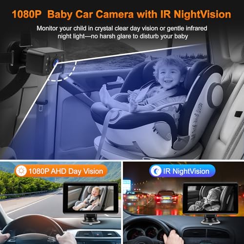 Wireless CarPlay 7" Screen & Baby Car Camera - Night Vision, HD Touchscreen, Split Display