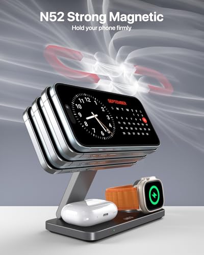 Pure Black Foldable 3-in-1 Wireless Charger Station for Apple Magsafe, iPhone 17 Air 16 15 14 13 12 Series, Airpods Pro, Apple Watch Ultra