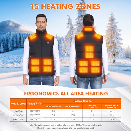 Baowenqier Men's Heated Gilet - 15 Heat Zones, 10000mAh Power Bank - Outdoor Ski, Hiking, Riding
