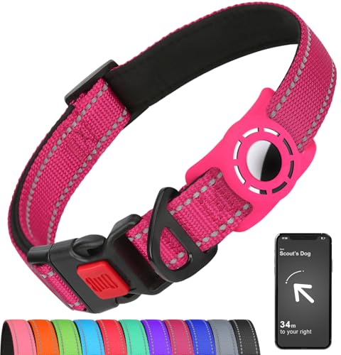 Airtag Dog Collar Holder for Small Dogs, Reflective & Soft Padded, Safety Lock, Nylon Adjustable Pet Collar - Hotpink