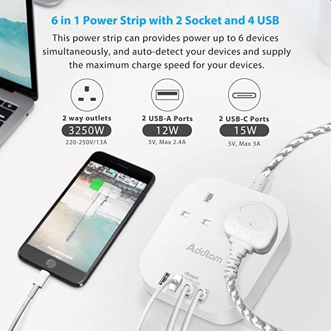 Power Strips with 2 Outlets, 2 Type C, 2 USB-A Ports, Surge Protection Socket - 1.6M Cord - Home Office Power Extension