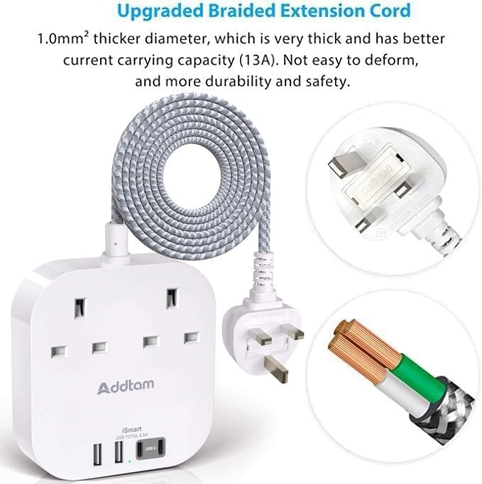 Power Strips with 2 Outlets, 2 Type C, 2 USB-A Ports, Surge Protection Socket - 1.6M Cord - Home Office Power Extension