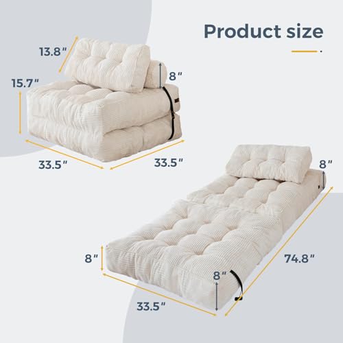 MAXYOYO Folding Sofa Bed Chair, Pillow Mattress, Back Support - Portable Comfy Lounge for Living Room Bedroom - Beige Single