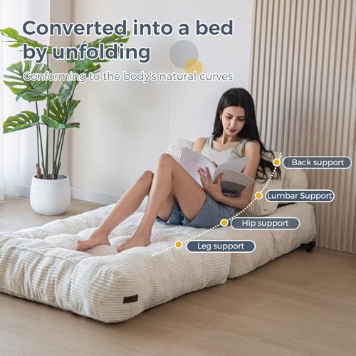 MAXYOYO Folding Sofa Bed Chair, Pillow Mattress, Back Support - Portable Comfy Lounge for Living Room Bedroom - Beige Single