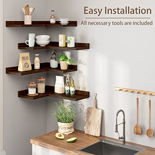 Rustic Pine Wooden 4 Tier Floating Corner Shelves Set - Wall Decor Storage Shelf for Bedroom, Living Room, Bathroom - L Shaped Wall Mount Shelf