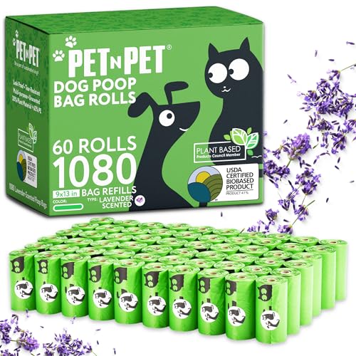 Pet N Pet 1080 Count Green Dog Poop Bags, Plant-Based Thick Rolls, 9x13", Lavender Scented