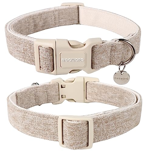 DOGWONG Heavy-Duty Khaki Dog Collar, Adjustable Cotton Hemp, Soft Natural Fabric, Cute Wedding Puppy Necklace for Small Dogs