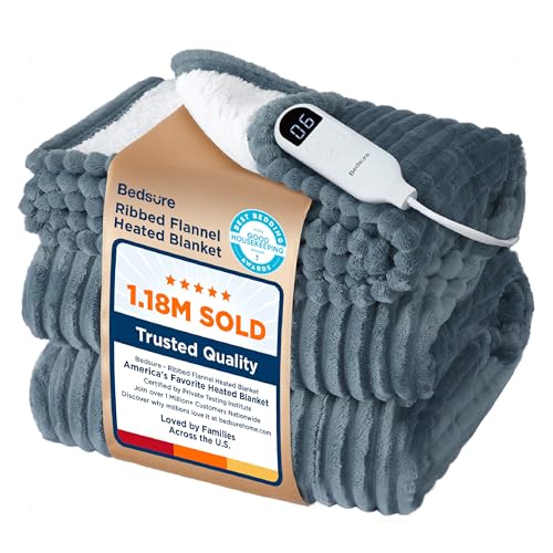 Bedsure Heated Blanket Throw - Soft Ribbed Flannel, 4 Time Settings