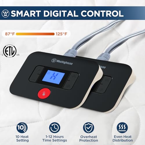 Westinghouse Heated Mattress Pad, Queen Size Bed Warmer with Dual Controller, 10 Heat Settings, Auto Shut Off - Machine Washable, 60x80 Inch