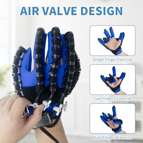 Rehab Robot Gloves: Finger Exerciser for Stroke Recovery, Adjustable Strength, USB Charging - Blue, Left Hand