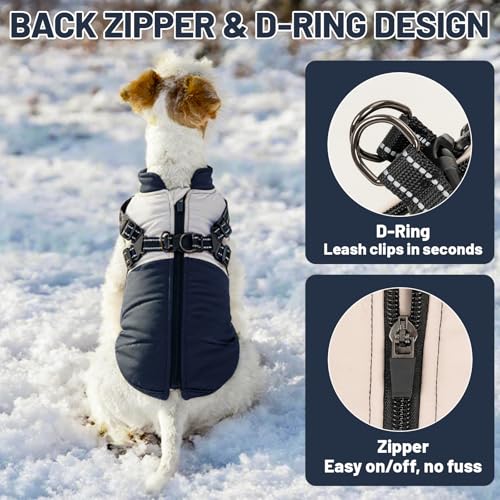 CozyPaws Waterproof Dog Winter Coat with Harness for Small to Medium Dogs, Windproof Puffer Jacket for Puppies - Ideal for Dachshund, Frenchie, Corgi - Classic Blue
