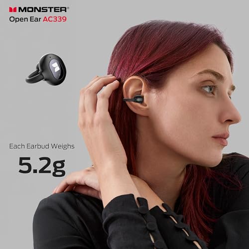 Monster Open Ear AC339 Bluetooth 6.0 Earbuds, Stereo Sound, Wireless Clip Earphones, 40hr Playback, Smart Display, Touch Control