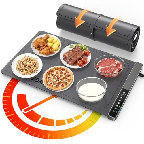 Redagod Electric Warming Tray: 3-Zone Heat, 9 Temp Settings, Timer - Portable Food Heating Mat for Home - Gray