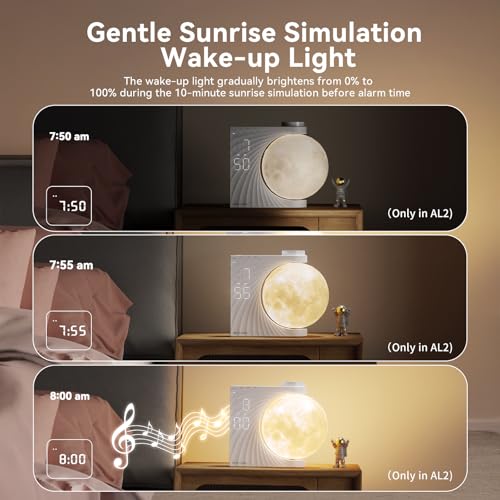 Sunrise Alarm Clock Moon Lamp, 2 Alarms, Wake-Up Light, 8 Colors, Natural Sound, Brightness Levels, Night Light - Gifts for All