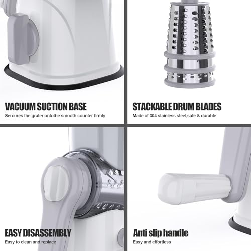 RAINBEAN Rotary Cheese Grater: Hand Crank Shredder with 3 Blades.