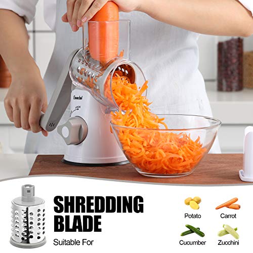 Geedel Rotary Cheese Grater & Mandoline Slicer - Interchangeable Blades - Easy to Clean - Ideal for Fruit, Vegetables, Nuts