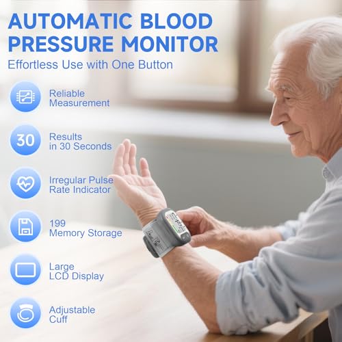 Adjustable Wrist BP Monitor, Large Digital Display, 199 Memory, Batteries Included - Home Use, Carrying Case - Grey