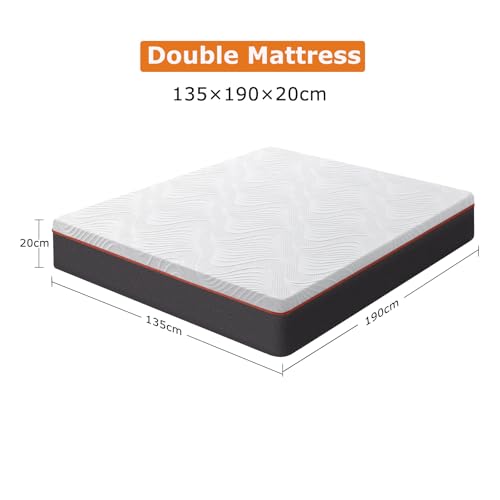 CoolDream 20cm Memory Foam Mattress for Double Bed, Pressure Relief, Cooling Tech, Removable Cover - 135x190 cm