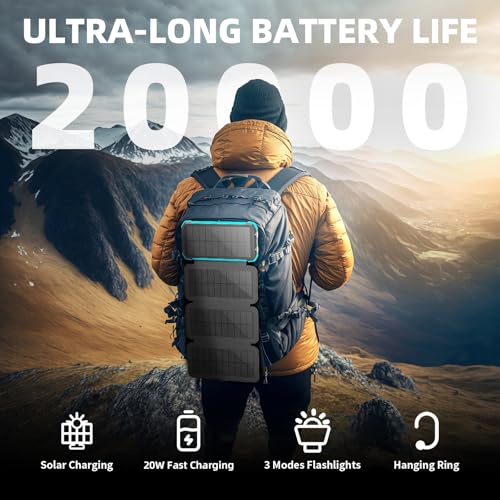 Portable Solar Charger Power Bank 20000mAh: Fast Charging, Dual Flashlight, USB C Outputs - Outdoor Mobile Power