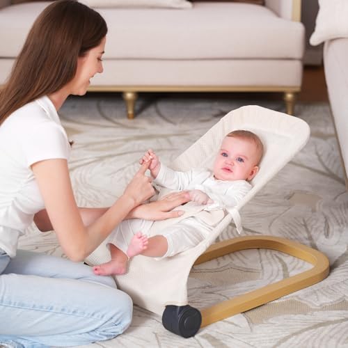 Portable Baby Bouncer Seat: 3 Heights, Ergonomic Design, Wood Grain Style, Natural Vibrations, Storage Bag - Ideal for 0-6 Months