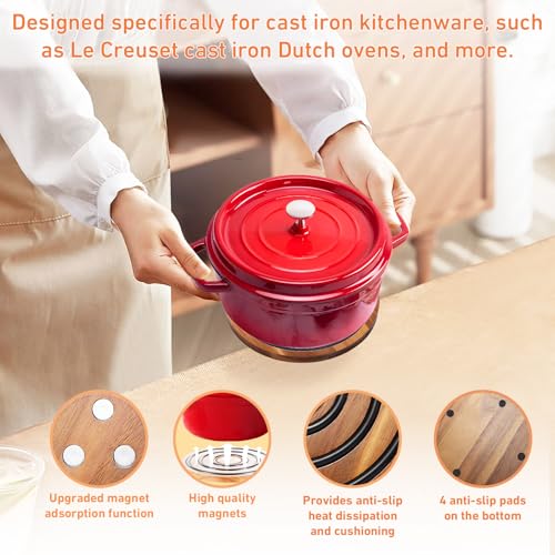 Acacia Wood Magnetic Trivets with Silicone Rings, Pot Holder for Cast Iron Dutch Oven & Skillets, Wood Trivet Stand