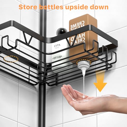 KEGII Corner Shower Caddy Tension Pole - Organizer for Floor to Ceiling, Towel Rack, Waterproof - Black, 25-114.2 inch