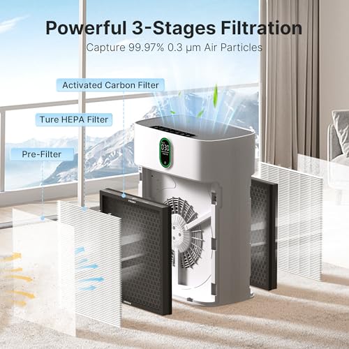 Pureborne Large Room Air Purifier, HEPA Filter, PM 2.5 Display, Dual Air Intake, Quiet 24dB, Bedroom, Pet Hair Dust Smoke